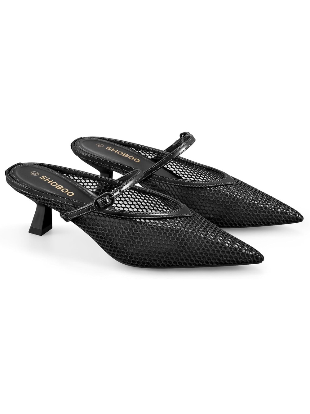 Women's Black Mesh Pointed Toe Kitten Heels with Adjustable Strap - Picture 3 of 3